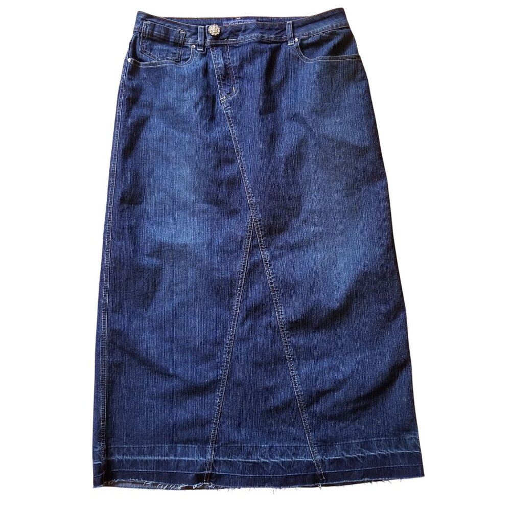 Baccini 10 Blue Jean Denim Skirt Pockets Belt Loops Bling Back Slit Yellowstone